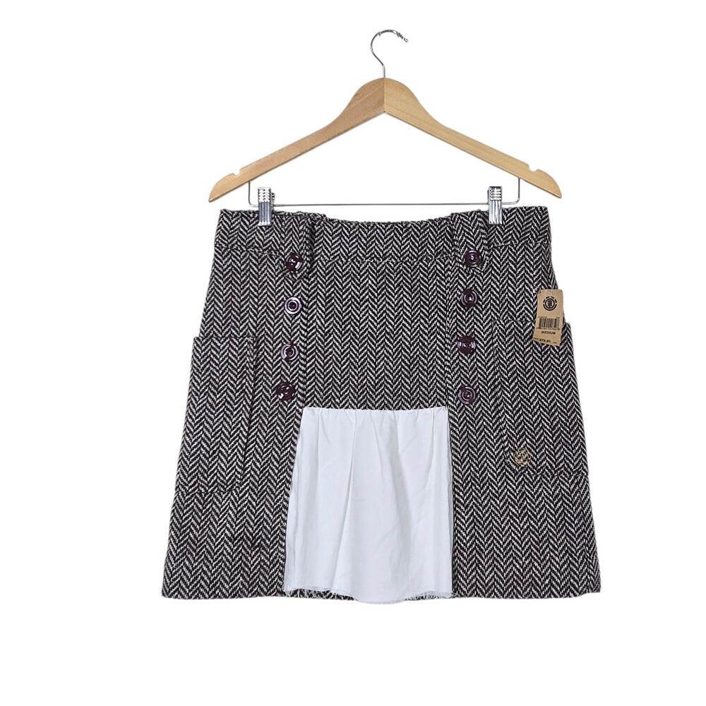 VTG Element Wool Blend Mini Skirt sz M Brown Herringbone Boho Ruffle Inset